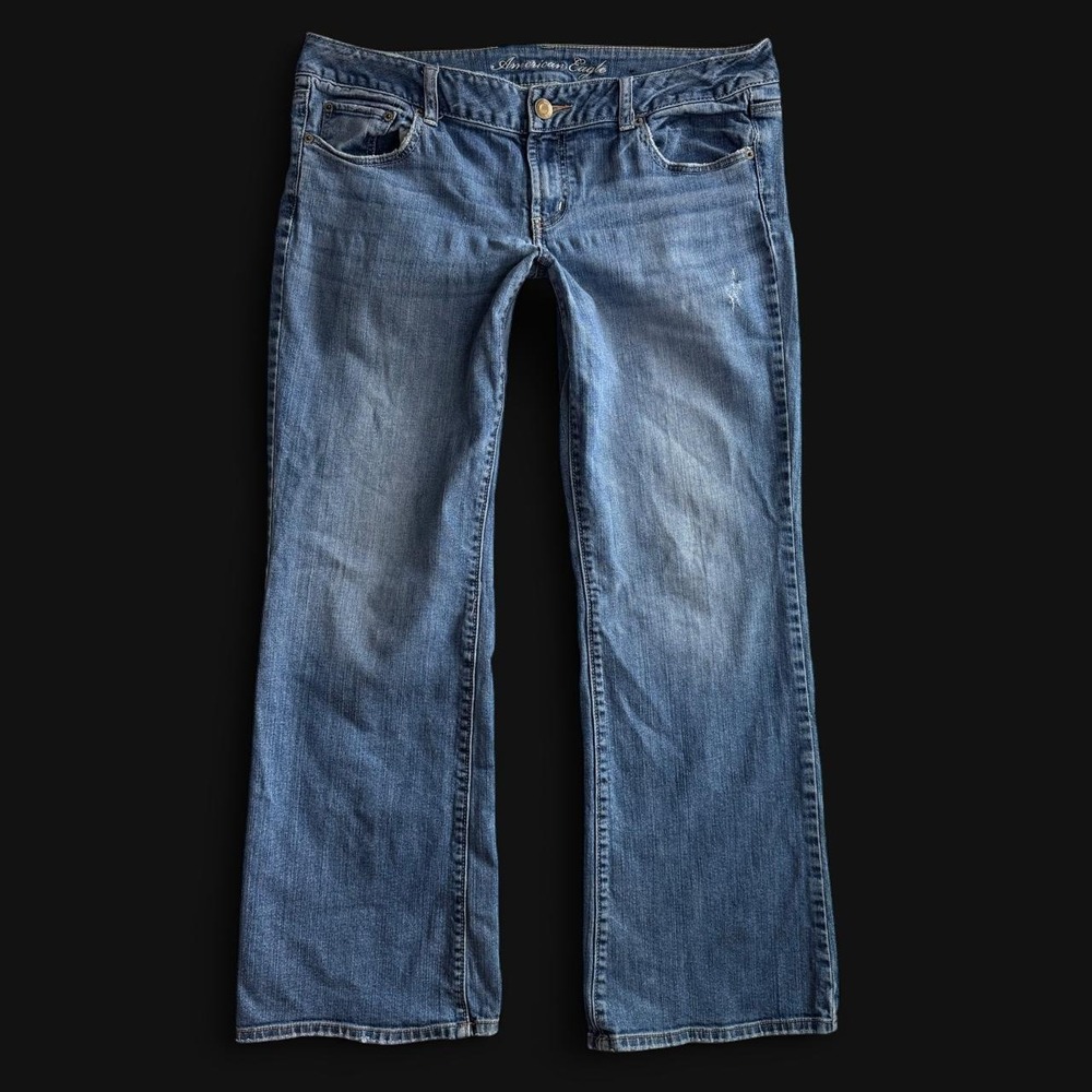 American Eagle Favorite Boyfriend Jeans 14 Medium Wash Low Rise Distressed Denim